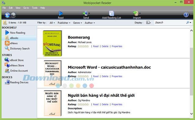 Giao diện thư viện eBooks của phần mềm đọc ebook Mobipocket Reader