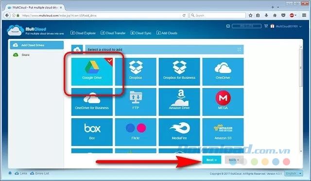 Chọn dịch vụ đám mây và nhấp Tiếp theo