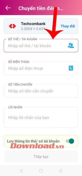 Thông tin số tài khoản và số tiền cần chuyển