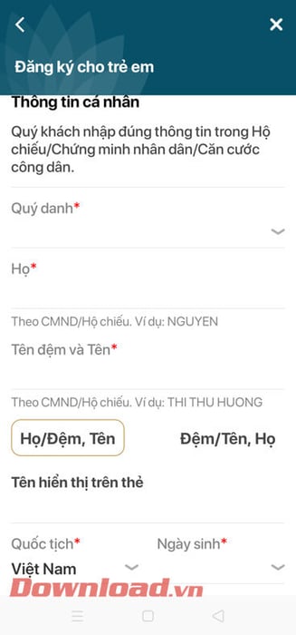 Nhập thông tin về trẻ em