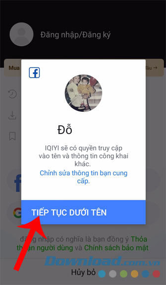 Chạm nút Tiếp tục dưới tên