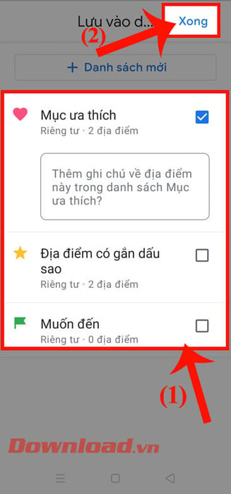 Chọn mục để lưu vị trí