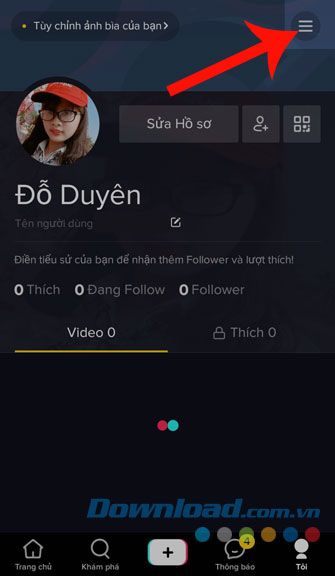 Chạm vào biểu tượng ba dấu gạch ngang