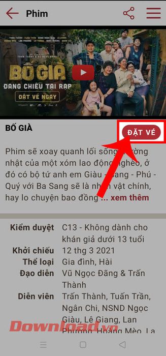 Chạm vào nút Đặt vé