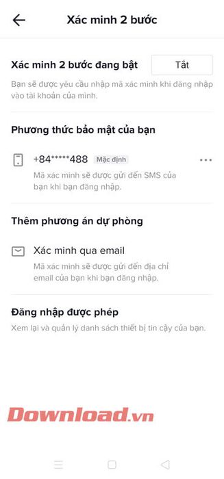 Chế độ bảo mật 2 lớp đã được kích hoạt thành công