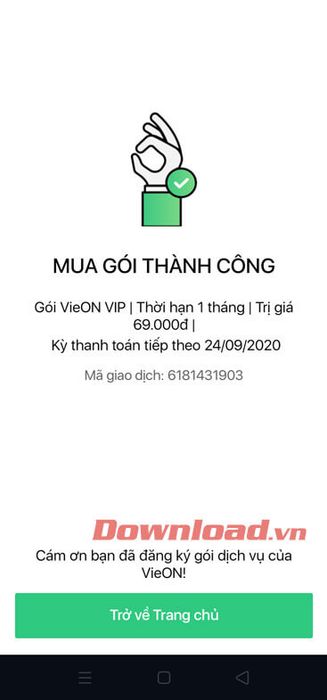 Đã mua thành công gói VIP trên VieON