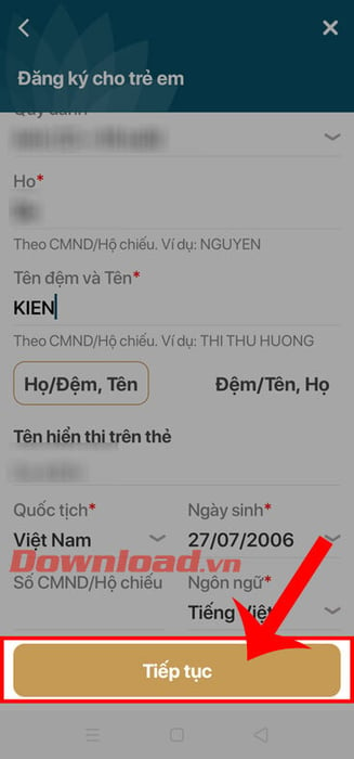 Bấm vào nút Tiếp tục