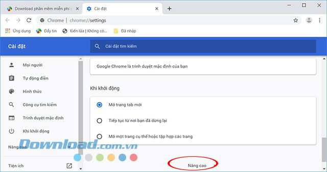 Chọn phần Nâng cao trong cài đặt của Chrome