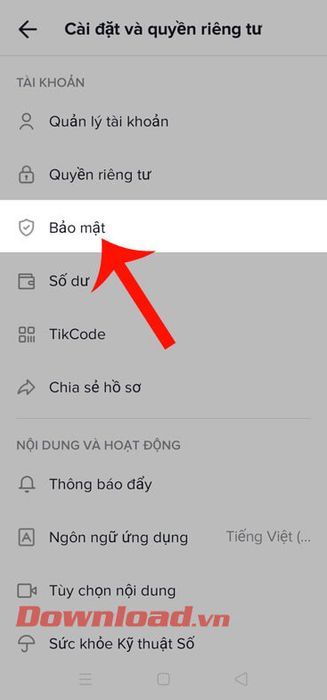 Chọn mục Bảo mật