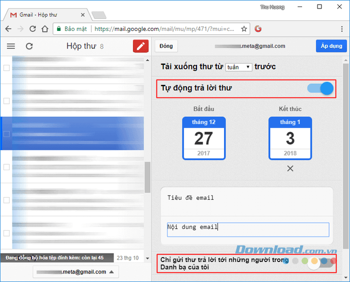 Đặt thời gian tự động trả lời email với Gmail Offline
