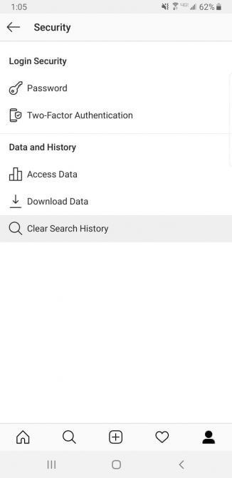 Lựa chọn để xóa lịch sử tìm kiếm trên Instagram