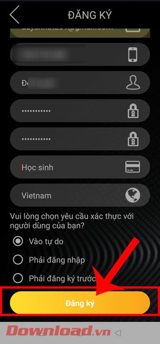 Chạm vào nút Đăng ký