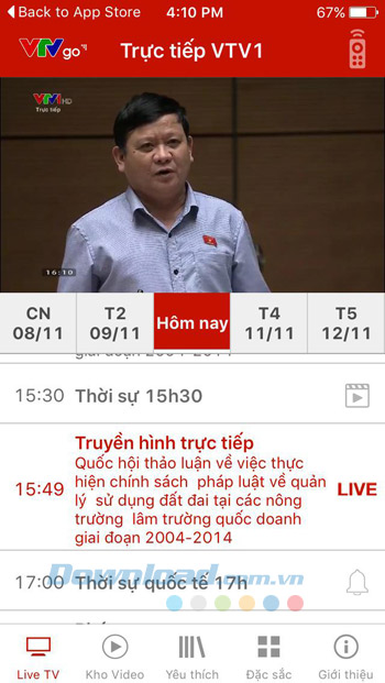 Giao diện chính của ứng dụng VTV Go