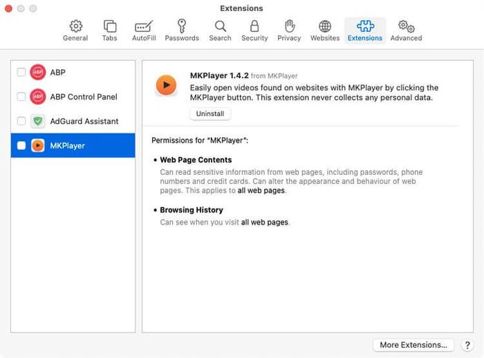 Gỡ bỏ extension trên Safari