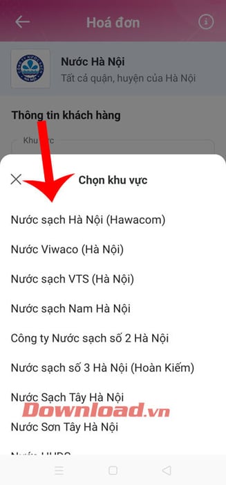 Chọn nhà cung cấp dịch vụ.