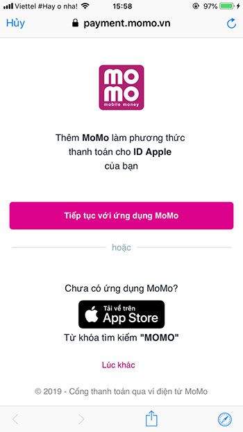 Hoàn tất quá trình liên kết MoMo với App Store