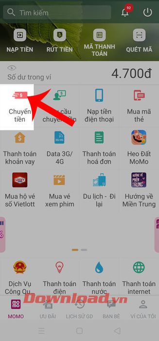 Chạm vào mục Chuyển tiền