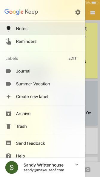 Bảng điều hướng của Google Keep