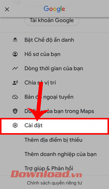 Chạm vào mục Cài đặt