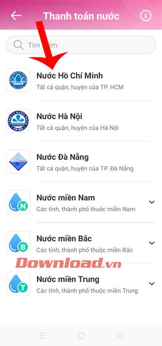 Chọn khu vực cần thanh toán.