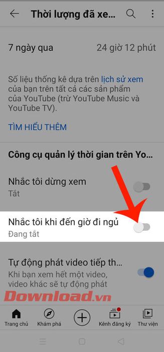 Bật chức năng Nhắc tôi khi đến giờ đi ngủ