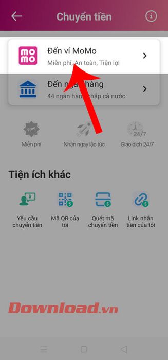 Chạm vào phần Đến ví MOMO