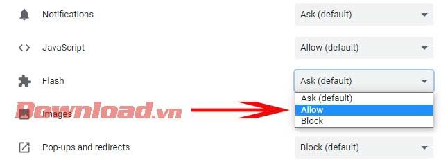 Chọn Cho phép cho Flash