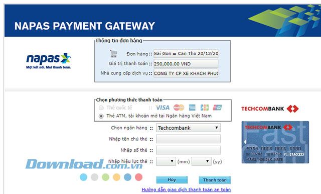 Thanh toán vé xe Phương Trang bằng thẻ nội địa