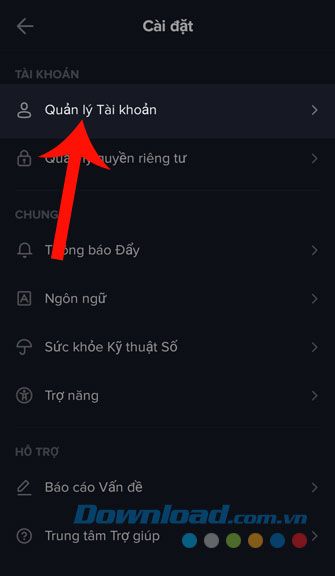 Chọn mục Quản lý tài khoản