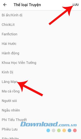 Chọn thể loại truyện và nhấn Lưu
