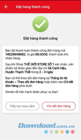 Đã đặt hàng thành công