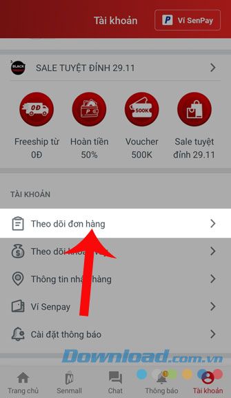 Chọn mục Theo dõi đơn hàng để tiếp tục