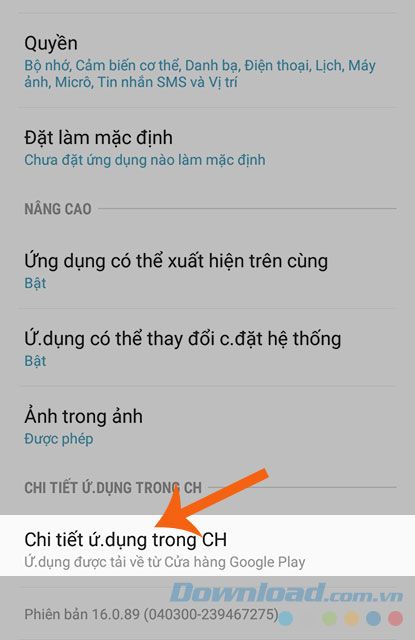 Chọn Mục Chi tiết ứng dụng trong Cài đặt