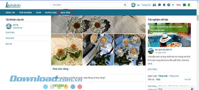Giao diện mua sắm trên mạng xã hội Hahalolo