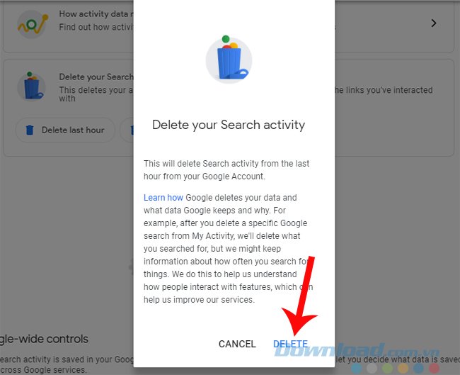 Đồng ý xóa lịch sử tìm kiếm trên Google