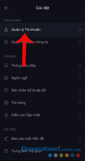 Chọn mục Quản lý tài khoản