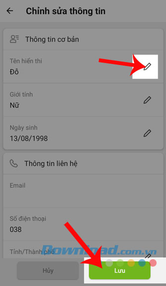 Thay đổi thông tin và nhấn Lưu