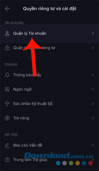 Chạm vào mục Quản lý tài khoản