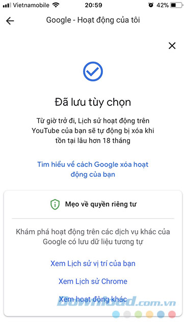 Thiết lập xóa lịch sử YouTube thành công