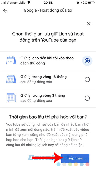 Chọn thời gian xóa lịch sử