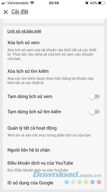 Giao diện Cài đặt trên YouTube