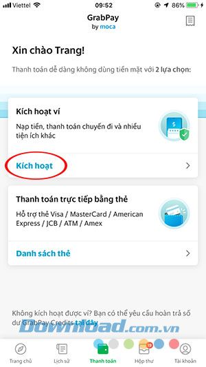 Kích hoạt GrabPay qua Moca
