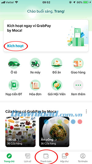 Hướng dẫn kích hoạt ví GrabPay qua Moca