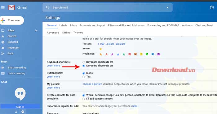 Kích hoạt phím tắt trên Gmail