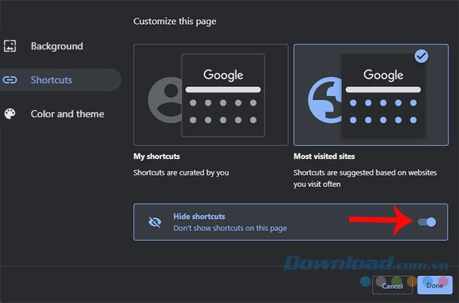 Giấu biểu tượng 'Lối tắt' trên Chrome