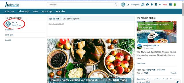 Truy cập vào trang cá nhân trên Hahalolo