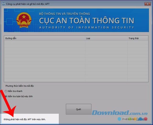 Thông báo hiển thị 'Không phát hiện mã độc APT trên máy tính'