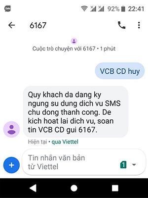 Hủy tin nhắn bằng cách gửi tin nhắn tới tổng đài của Vietcombank