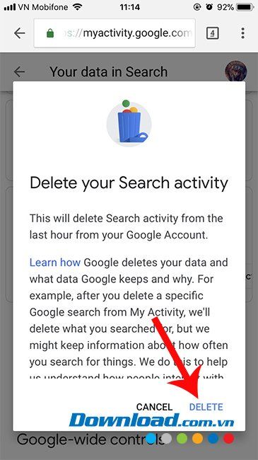 Đồng ý xóa lịch sử tìm kiếm Google trên điện thoại