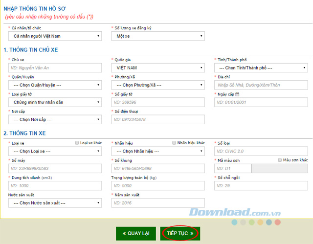 Điền thông tin đăng ký xe ô tô